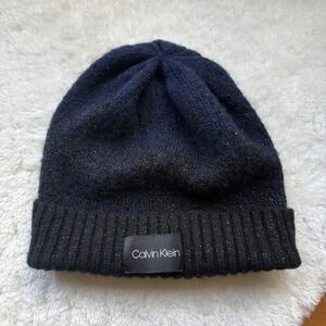 Calvin Klein Navy Black Metallic Shimmer Knit Beanie Hat Ribbed Logo Patch